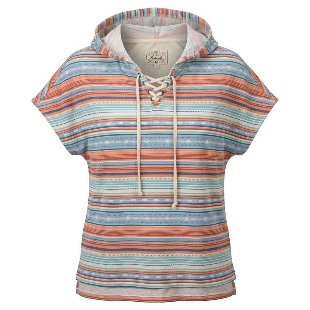 Panhandle Womens Southwestern Stripe Lace Up Hoodie Short Sleeve Top Blue M